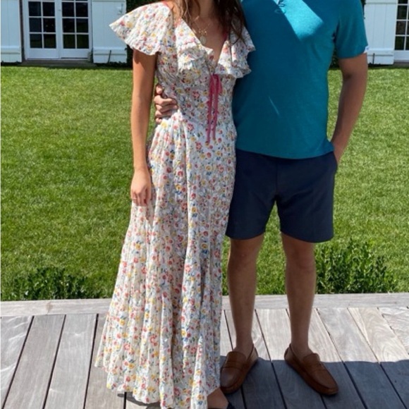 Doen Audette Cotton Ruffle Bow Ribbon Floral V Neck Maxi Dress Sunrise Blooms - Picture 2 of 16